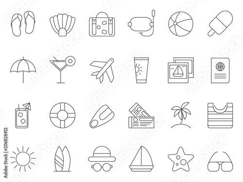 Mono line pictures of summer time theme. Vector icons set