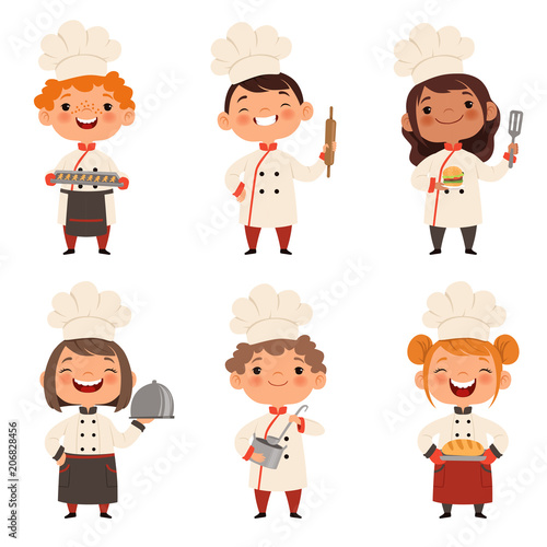 Characters set of children cooks. Cartoon mascots in various dynamic poses