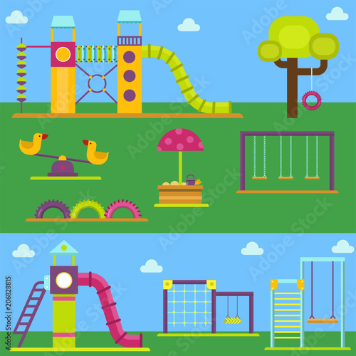Children playground kindergarten amusement childhood play park activity place recreation swing equipment toy vector illustration