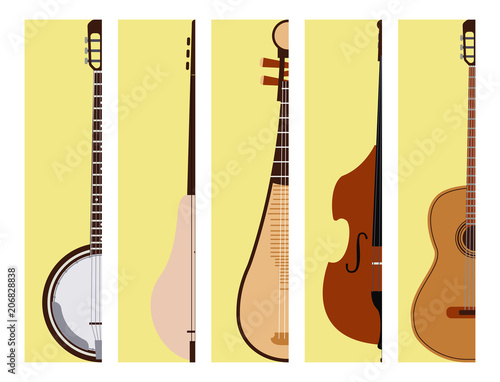 Stringed dreamed musical instruments cards classical orchestra art sound tool and acoustic symphony fiddle wooden equipment vector illustration