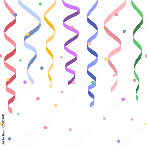 Seamless decorative serpentines with confetti, colorful ribbons without background, vector illustration, footer and banner for decoration