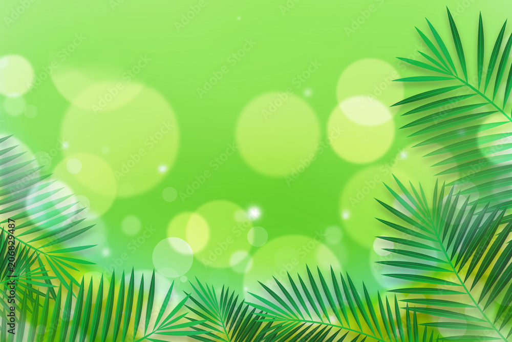 Obraz premium Summer Bokeh Background with Palm Leaves Frame. Can use Sale sign, flyer, poster, shopping, card, website, party, promotion, menu.