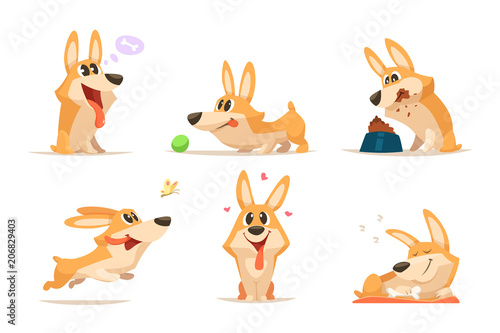 Cute cartoon funny puppy. Vector animal. Dog in various action poses