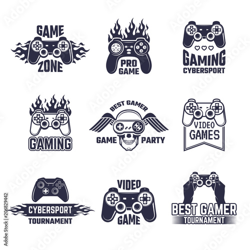 Cyber sport badges and labels. Pictures for gamers. Console and joystick