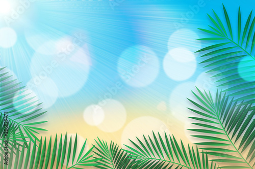 Beach Bokeh Background with Sunlight. Palm Leaves Frame. Can use Sale sign, flyer, poster, shopping, card, website, party, promotion.