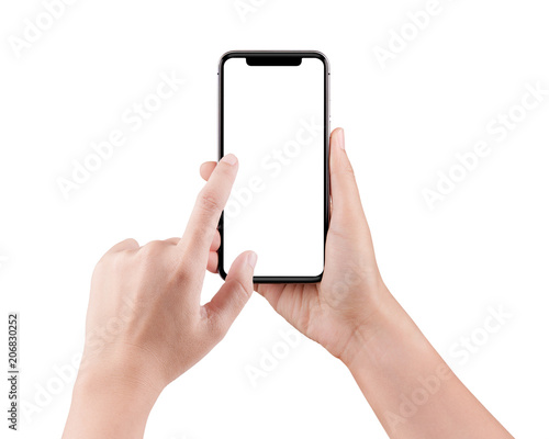 Isolated female hand holding a cellphone with clipping path, Woman typing on mobile phone isolated on white background.