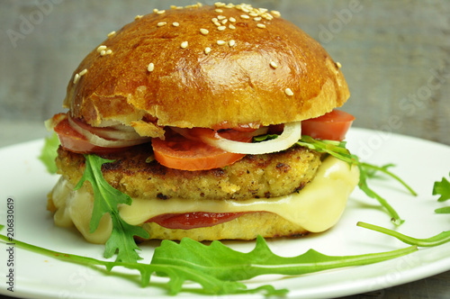 Hamburger with onion, tomato, lettuce and cheese on a white plate