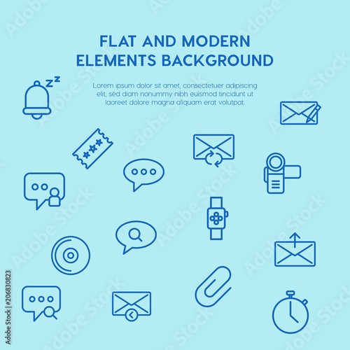 chat and messenger, video, time, email outline vector icons and elements background concept on blue background.Multipurpose use on websites, presentations, brochures and more