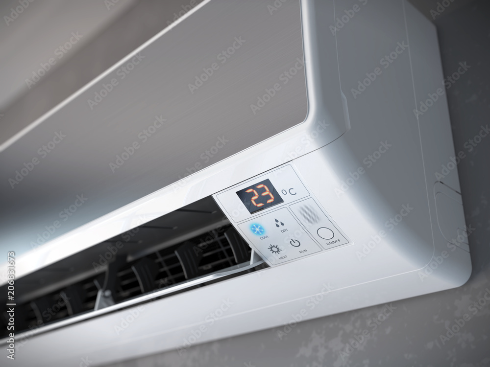 Closeup of split air conditioner on a gray wall. 3d rendering Closeup of split air conditioner on a gray wall. 3d rendering