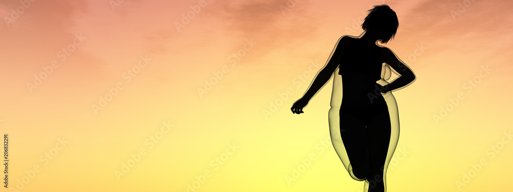 Conceptual fat overweight obese female vs slim fit healthy body after weight loss or diet with muscles thin young woman over sunset. Fitness, nutrition or fatness obesity, health shape 3D illustration Conceptual fat overweight obese female vs slim fit healthy body after weight loss or diet with muscles thin young woman over sunset. Fitness, nutrition or fatness obesity, health shape 3D illustration