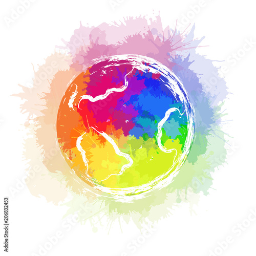 Illustration of planet earth with rainbow watercolor splashes and ink strokes on white background. The object is separate from the background. Vector element for your creativity