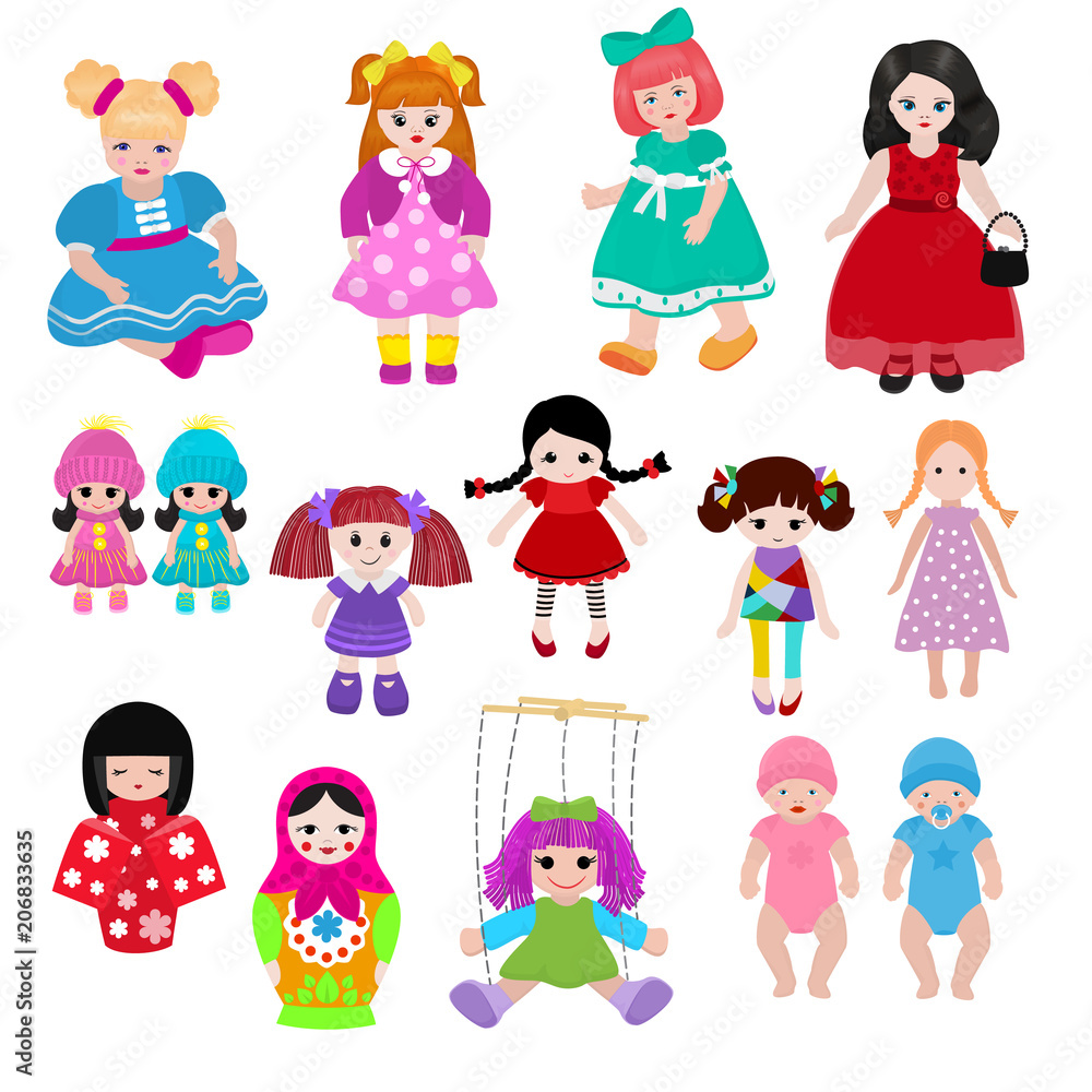 Vector doll toy cute girl female set illustration childhood baby dress face  child beautiful dollhouse children baby toyhouse cartoon isolated on white  background Stock Vector | Adobe Stock