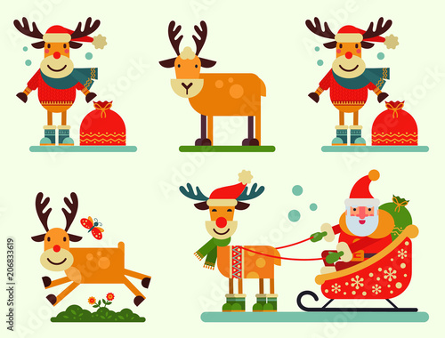 Christmas cute reindeer Santa Claus character vector New Year illustration of deer animal for sleigh