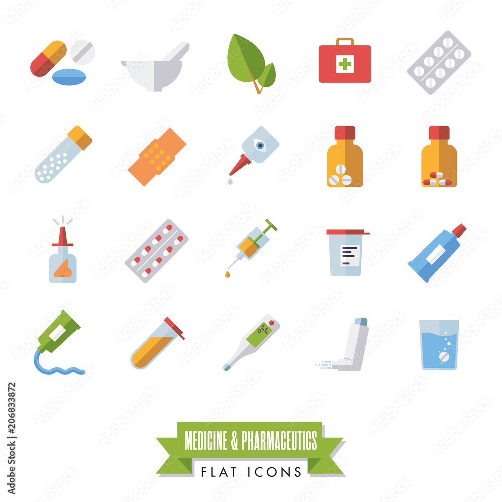 Pharmaceutics and medicine flat design isolated icons vector set. Pharmaceutics and medicine flat design isolated icons vector set.