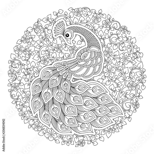 Peacock in zentangle style. Adult antistress coloring page.