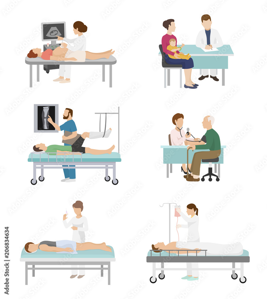 Fototapeta premium Doctor and patient vector medical healthcare hospital medicine nurse doctoral office in hospital visit in-patient people health care concept illustration
