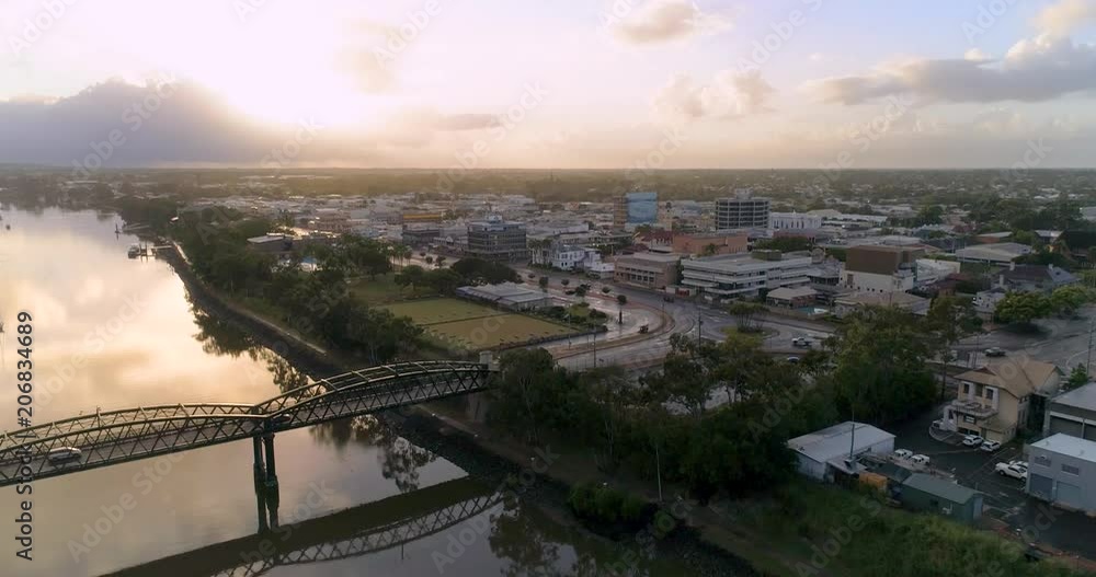 Bundaberg, Queensland / Australia - March 2018 - Aerial Flight over the Bundaberg CBD at Sunrise Bundaberg, Queensland / Australia - March 2018 - Aerial Flight over the Bundaberg CBD at Sunrise