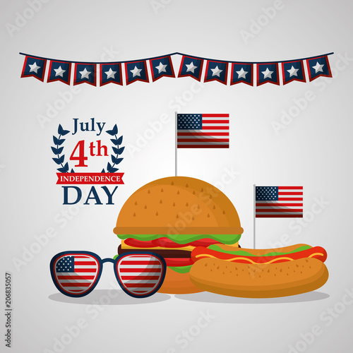 burger hot dog and sunglasses flags of american independence day vector illustration