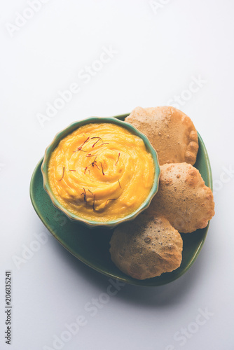 Amrakhand OR Mango Shrikhand with puri or Poori photo