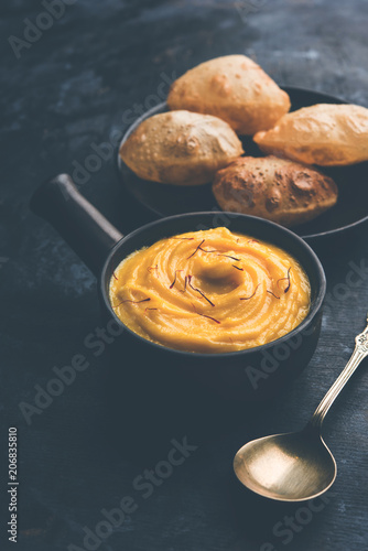 Amrakhand OR Mango Shrikhand with puri or Poori photo