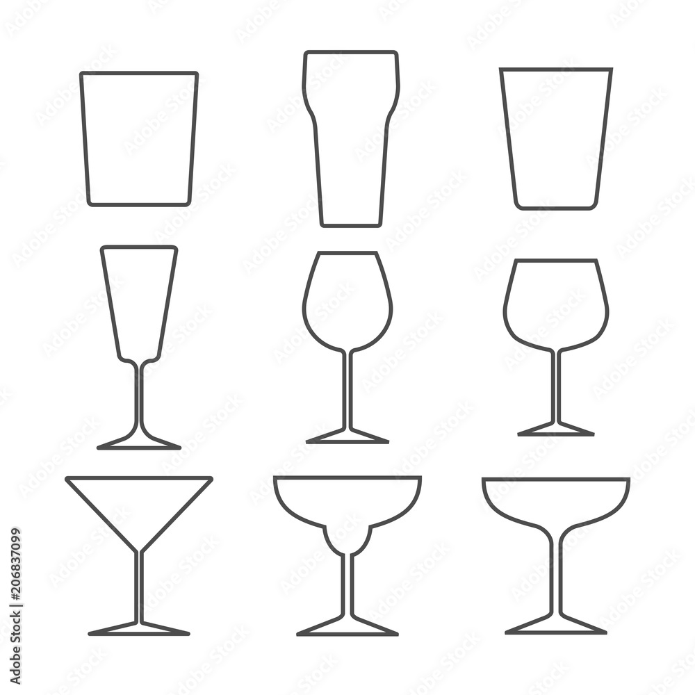 Set of different alcohol glasses. Symbols and icons. Flat design, vector illustration. Set of different alcohol glasses. Symbols and icons. Flat design, vector illustration.