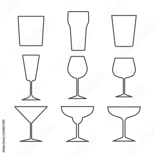 Set of different alcohol glasses. Symbols and icons. Flat design, vector illustration.