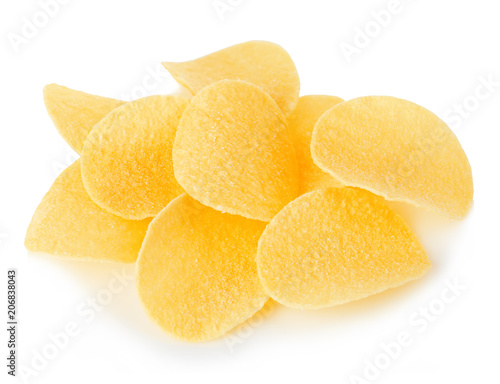 Potato chips close-up isolated on white background.