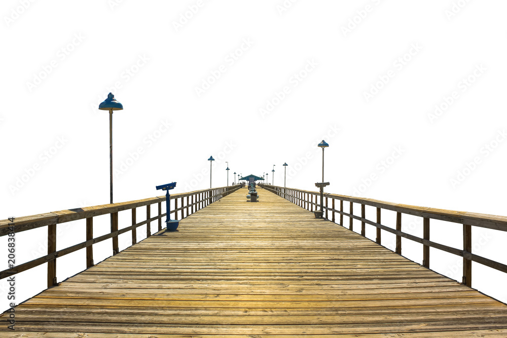 Perspective view of a fishing pier wooden isolated on white background. Concept of simplicity, purpose, direction and infinity.