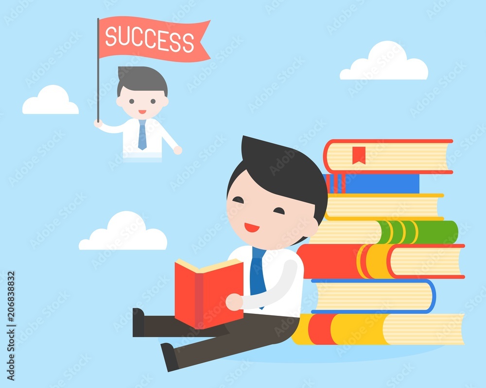 Businessman sit at stack of books, read a book and dreaming about success Businessman sit at stack of books, read a book and dreaming about success