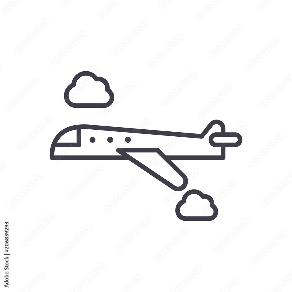 Flight by plane black icon concept. Flight by plane flat vector symbol, sign, illustration. Flight by plane black icon concept. Flight by plane flat vector symbol, sign, illustration.