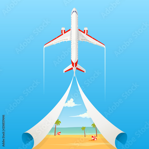 Flat banner on the theme of travel by airplane, vacation, adventure. Private airlines, transportation. A flying plane