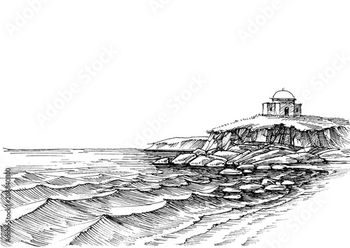Rocky sea shore and empty sand beach hand drawing. Nature wallpaper