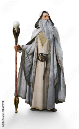 A white wizard with staff posing on an isolated white background . 3d rendering