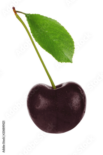 black cherry with green leaf isolated