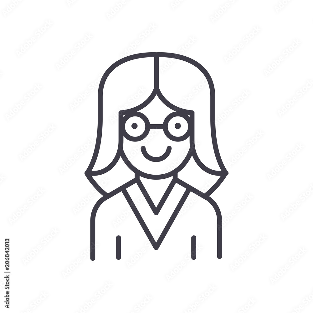 Woman scientist black icon concept. Woman scientist flat vector symbol, sign, illustration. Woman scientist black icon concept. Woman scientist flat vector symbol, sign, illustration.
