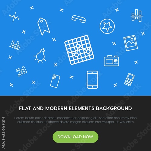 charts, mobile, photos, bookmarks outline vector icons and elements background concept on blue background.Multipurpose use on websites, presentations, brochures and more