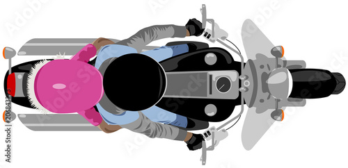 Classic cruise motorcycle with rider and girl passenger top view isolated on white vector illustration