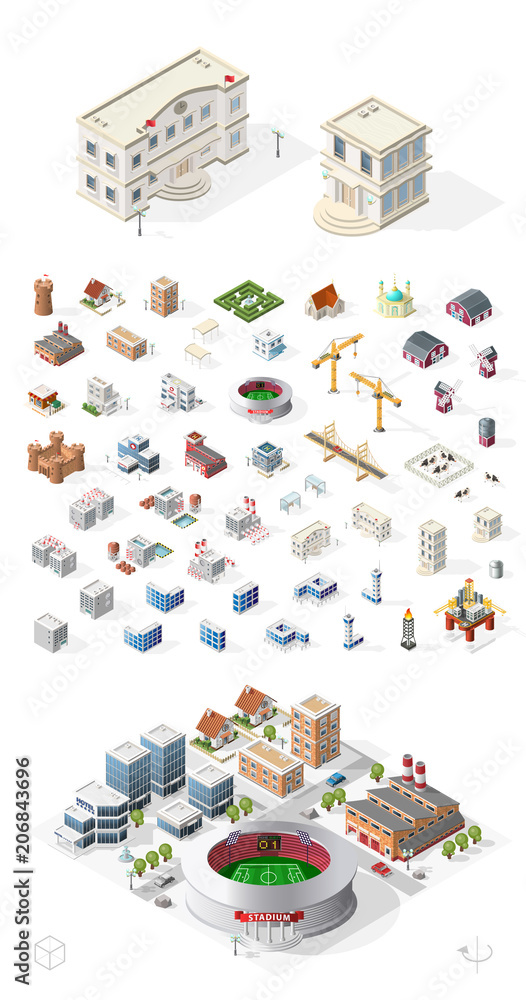 Fototapeta premium Build Your Own Isometric City . Isolated High Quality Vector Elements on White Background