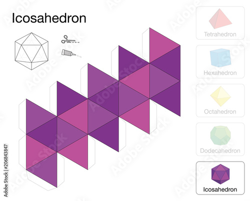 Icosahedron platonic solid template. Paper model of a icosahedron, one of five platonic solids, to make a three-dimensional handicraft work out of the pink triangle net.