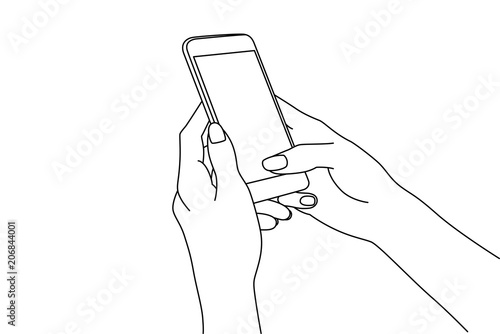Line drawing of hands texting in a smartphone