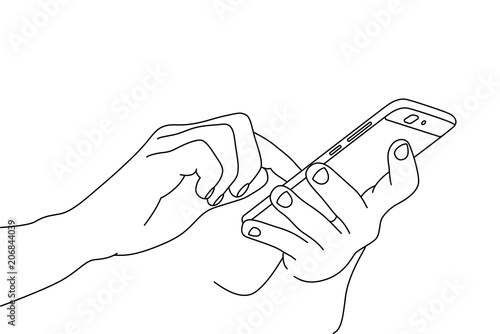 Hand drawing of two hands using a smartphone mobile device