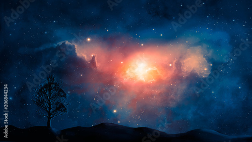 Space scene. Blue and orange nebula with planet land silhouette. Elements furnished by NASA. 3D rendering