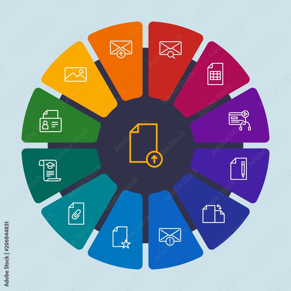 files, email, education Infographic Circle outline Icons Set. Contains such Icons as profile, file, reload, business, attach, search, star, scholarship and more. Fully Editable. Pixel Perfect files, email, education Infographic Circle outline Icons Set. Contains such Icons as profile, file, reload, business, attach, search, star, scholarship and more. Fully Editable. Pixel Perfect