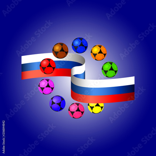 Российский флаг, футбольные мячи разных цветов, вектор