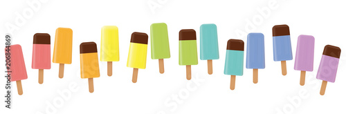 Ice lollys. Colorful line, loosely arranged, different flavor and colors, some with chocolate glaze. Rainbow colored three-dimensional isolated vector illustration on white background.