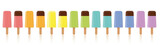 Ice lollys. Lined up with different colors. Rainbow colored collection of many frozen popsicles in a line, some with chocolate glaze. Isolated vector illustration on white background.