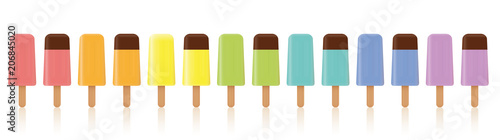Ice lollys. Lined up with different colors. Rainbow colored collection of many frozen popsicles in a line, some with chocolate glaze. Isolated vector illustration on white background.