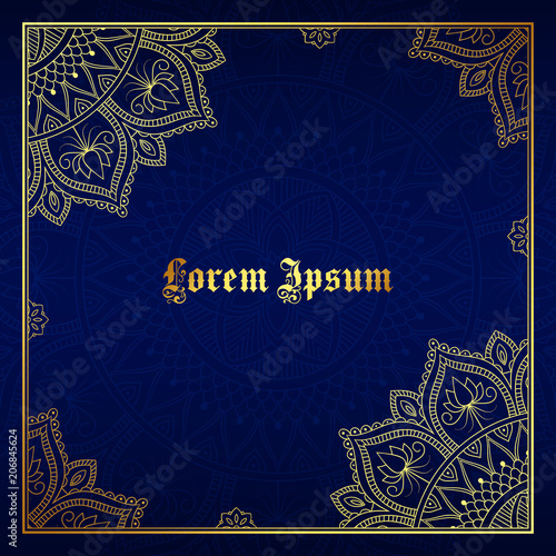 Greeting card, invitation or flyer template with golden mandala ornament. Hand drawn vector illustration