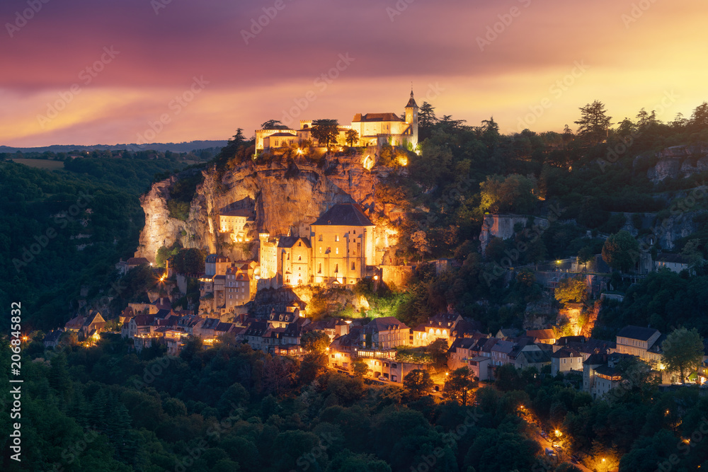 Sunset at the village of Rocamadour in Lot department, France. 