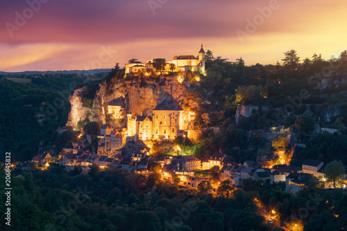 Sunset at the village of Rocamadour in Lot department, France. 